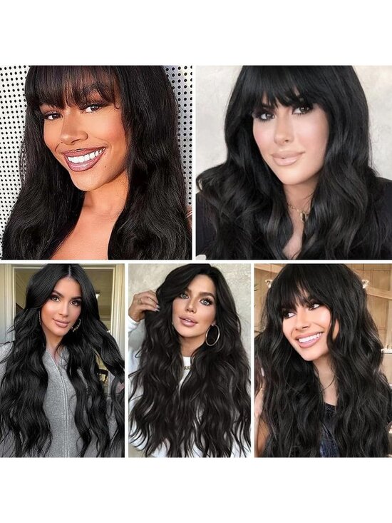 Women\'s Black Heat Resistant Long Curly Wavy Synthetic Wig with Bangs Size 26In main image 6